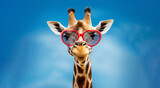 Fototapeta Natura - The head of a funny giraffe in glasses against the sky.