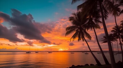 Wall Mural - Silhouette of coconut palm trees in a stunning sunset: A breathtaking nature landscape with vibrant colors and mesmerizing clouds, Generative AI