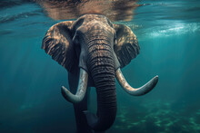 A Beautiful Photo Head On Underwater Of An Elephant Swiming In The Ocean,ai Generater