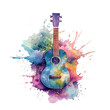 Watercolor Ukulele Clipart showcasing a whimsical ukulele with a dreamy, ethereal feel, adorned with celestial elements such as stars and clouds, Generative Ai