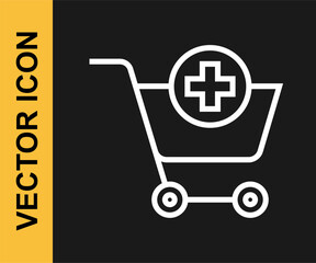 Poster - White line Add to Shopping cart icon isolated on black background. Online buying concept. Delivery service sign. Supermarket basket symbol. Vector