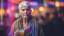 Elderly Old Woman, Beer In Plastic Cup, Tropical Nightlife, Disco Lights, Short Haircut, Gray Hair, In A Beach Bar, City Life Or Tourist Or Local, City Walk Or Nightlife Or Vacation, Going Out