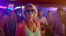 Elderly Old Woman, Medium Length Hairstyle, Gray Hair, In A Beach Bar, City Life Or Tourist Or Local, City Walk Or Nightlife Or Vacation, Going Out, Portrait, Fictional Place