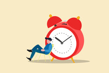 Businessman Sitting Beside Alarm Clock. Concept Of Relax And Refresh From Long Stress Interval, Free From Bored, And Time To Take A Break