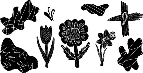 Stylized flowers, bird, abstract spots. Vector set. Hand-drawn illustration in linocut style. Black vector element for design