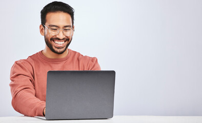 Aufkleber - Business, smile and asian man with laptop on studio for research, typing or social media on grey background. Happy, search and male freelancer online for design, blog or project, creative or planning
