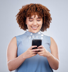 Poster - Social media icon, phone and business woman in studio online for text message, internet chat and mobile app. Communication, networking and happy female person on smartphone for website connection