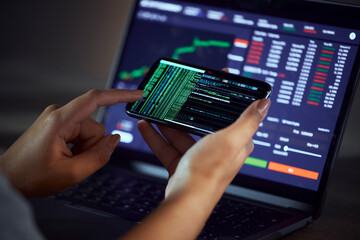 Poster - Woman, hands and phone on stock market for financial profit, increase or coding at night by the office. Female person, trader or broker on mobile smartphone in trading, exchange or finance investment