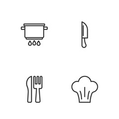 Sticker - Set line Chef hat, Crossed knife and fork, Cooking pot on fire and Knife icon. Vector