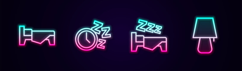 Canvas Print - Set line Bed, Alarm clock, Time to sleep and Table lamp. Glowing neon icon. Vector