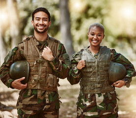 Poster - Happy soldier, military and portrait of people in gear in nature for service, protection and training outdoors. Camouflage, army and man and woman for battle, operation and combat exercise in woods