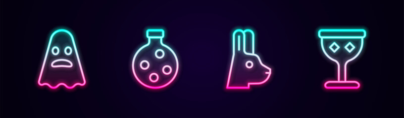 Set line Ghost, Bottle with potion, Rabbit ears and Medieval goblet. Glowing neon icon. Vector