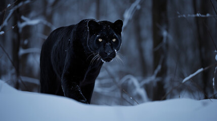 Wall Mural - a majestic black panther wandering through a forest covered in snow generative ai