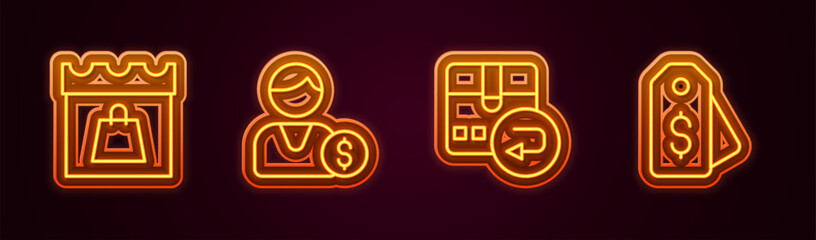 Poster - Set line Shopping day, Buyer, Return cardboard box and Price tag with dollar. Glowing neon icon. Vector