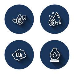 Poster - Set line Oil price increase, drop with dollar symbol, CO2 emissions cloud and tank storage with long shadow. Blue circle button. Vector