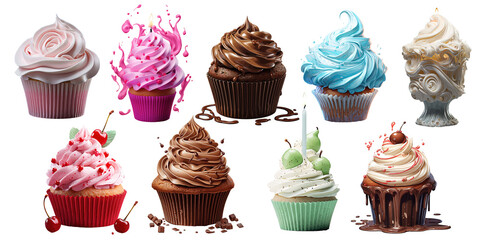 Poster - A set of 3d objects Cupcakes, fabulous cake isolated on a white background. Vector illustration