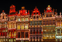 Brussels Grand Place Main Square Guild Houses Illuminated, Brussels, Belgium.