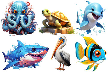 Wall Mural - A set of 3d objects octopus, turtle, dolphin, shark, pelican and fish isolated on a white background. Vector illustration