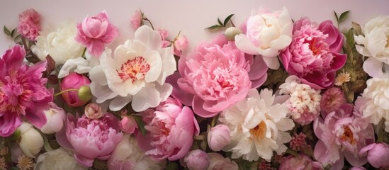 Background with beautiful pink peonies. Banner, wallpaper