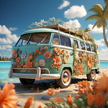 AI Generated Image Of Old Bus Hippie On The Beach