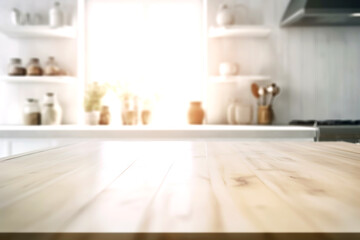 Wooden texture table top on blurred white rustic kitchen interior background. Epmty template for product display. Generative Ai