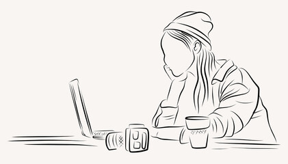 graphic designer working on a computer line art illustration