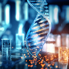 Wall Mural - Digital science illustration of DNA structure, genetics engineering, biotechnology background. Generative AI