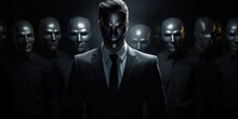A Man In A Suit Wearing Black Mask. Hiding His True Identity, Intentions, Or Actions. The Sense Of Manipulation. A Powerful Representation Of Dishonesty And Deception