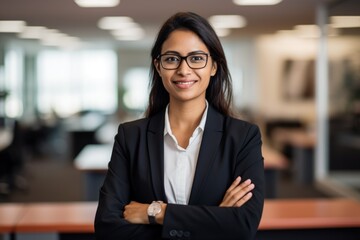 Indian successful confident Arabian businesswoman worker lady boss in glasses and formal suit female leader girl business woman intern employer posing crossed hands company office corporate portrait