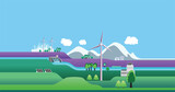 Fototapeta  - Landscape with wind turbines, solar panels, hydropower dam. Green energy facilities with houses and city. Green energy concept, flat design vector graphic illustration for web sites, advertising.