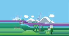 Landscape With Wind Turbines, Solar Panels, Hydropower Dam. Green Energy Facilities With Houses And City. Green Energy Concept, Flat Design Vector Graphic Illustration For Web Sites, Advertising.