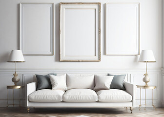 Blank picture frame mockup on white wall. Modern living room design. View of modern scandinavian style interior with sofa. Three square templates for artwork, painting, photo or poster	