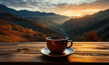 Cup With Hot Coffee On A Wooden Table Against The Background Of Sunrise And Mountains, Generative AI