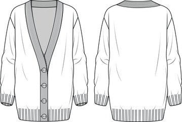 Wall Mural - Women's Oversize Cardigan. Technical fashion illustration. Front and back, white color. Unisex CAD mock-up.