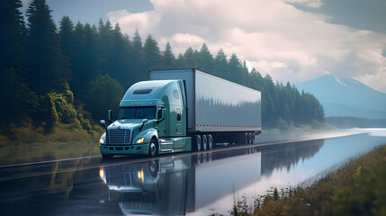 Big white semi truck driving on a road near lake. Semi truck transporting commercial cargo in refrigerated semi trailer down road with a green trees near lake