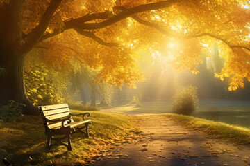 Wall Mural - a bench under a yellow tree by a path in tranquil autumn park lit by warm sunbeams