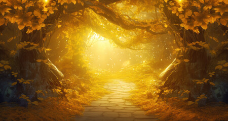Wall Mural - golden autumn trees forming an arch with a mysterious path leading to fairy tale world