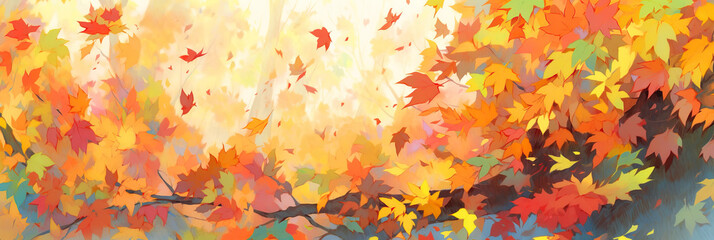 Wall Mural - A muilticolored branch of maple tree with falling autumn leaves, banner background with copy space. Digital illustration