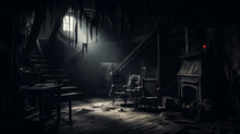 Inside View Of Haunted House With Abandoned Chamber, Ghostly Light And Broken Furniture. Generative AI.