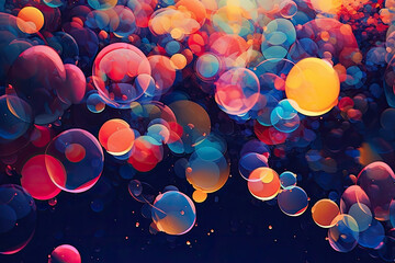 symphony of colorful bubbles floating on a dark abstract background, creating a whimsical and joyful atmosphere