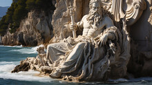 The Mighty God Of The Sea, Oceans And Sailors Neptune (Poseidon) The Ancient Statue. Greek Mediterranean Landscape.