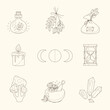Alternative medicine icon set. Cartoon illustrations of mortar and pestle, candle, hourglass, apothecary jar, moon, herbs and mushrooms isolated on a white background. Vector 10 EPS.