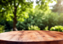 Empty Wooden Round Table For Product Placement Or Montage With Blurred Forest Background. High Quality Photo