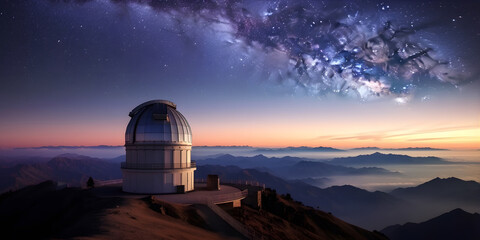 Wall Mural - a bustling observatory atop a mountain peak, with astronomers peering through powerful telescopes at