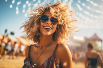 Portrait of a happy young blonde woman having fun on a music festival. High quality photo