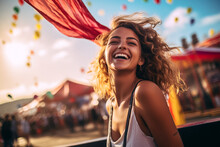Portrait Of A Happy Young Blonde Woman Having Fun On A Music Festival. High Quality Photo