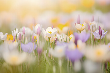 Wall Mural - Beautiful colourful bloomed flower field, summer soft background. Ai generated