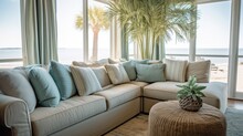 Living Room Decor, Home Interior Design . Coastal Modern Style With Ocean View Decorated With Linen And Rattan Material . Generative AI AIG26.