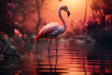 Flamingo In The Water. Generative AI.