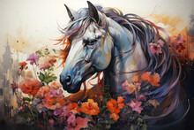 A Captivating Watercolor Magical Unicorn Floral With The Unicorn Gracefully Trotting Through A Field Of Blooming Flowers, Their Vibrant Colors And Delicate Forms Creating A Sense, Generative Ai
